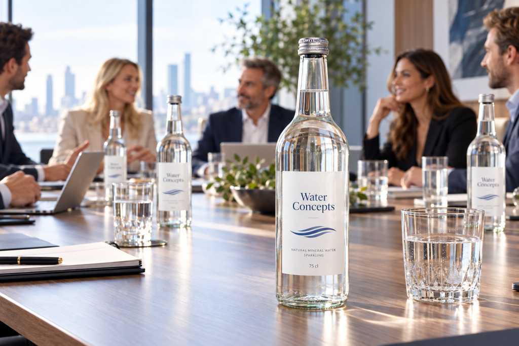 Water Concepts glazen waterflessen van 75 cl op tafel tijdens een zakelijke vergadering