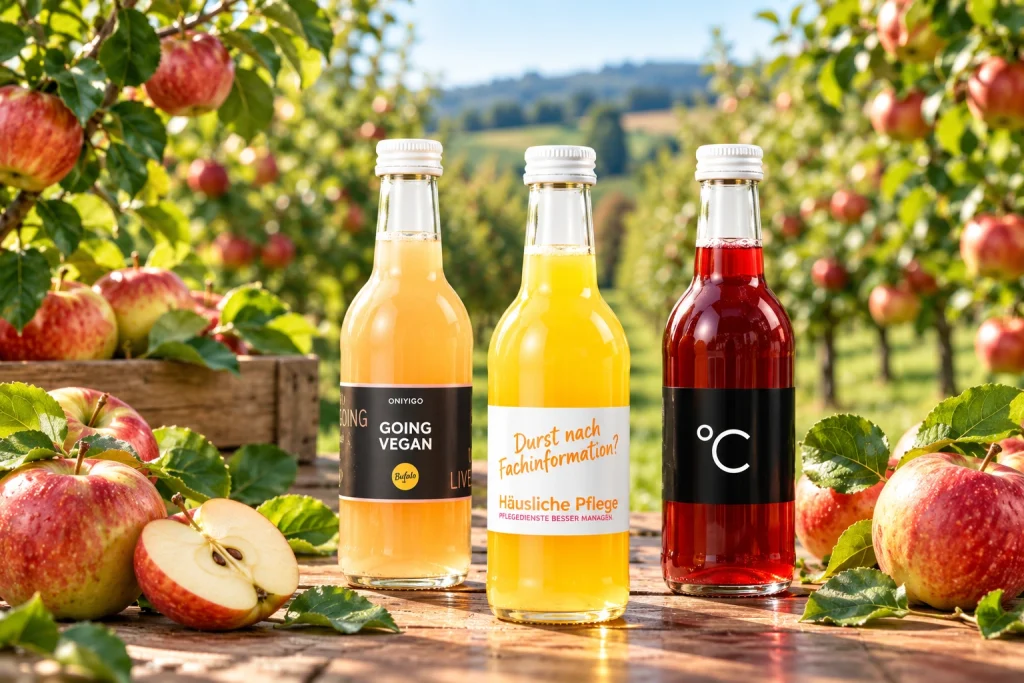 Trois bouteilles de jus avec étiquettes personnalisées dans un verger de pommiers