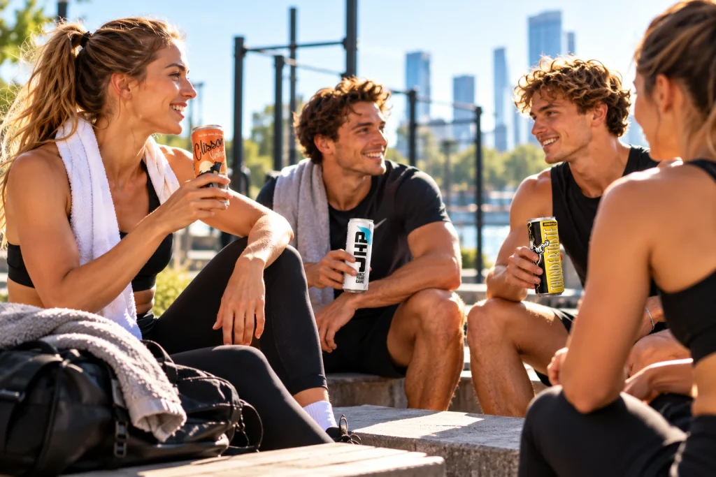 Des amis sportifs au bord de l’eau avec des canettes à étiquette personnalisée