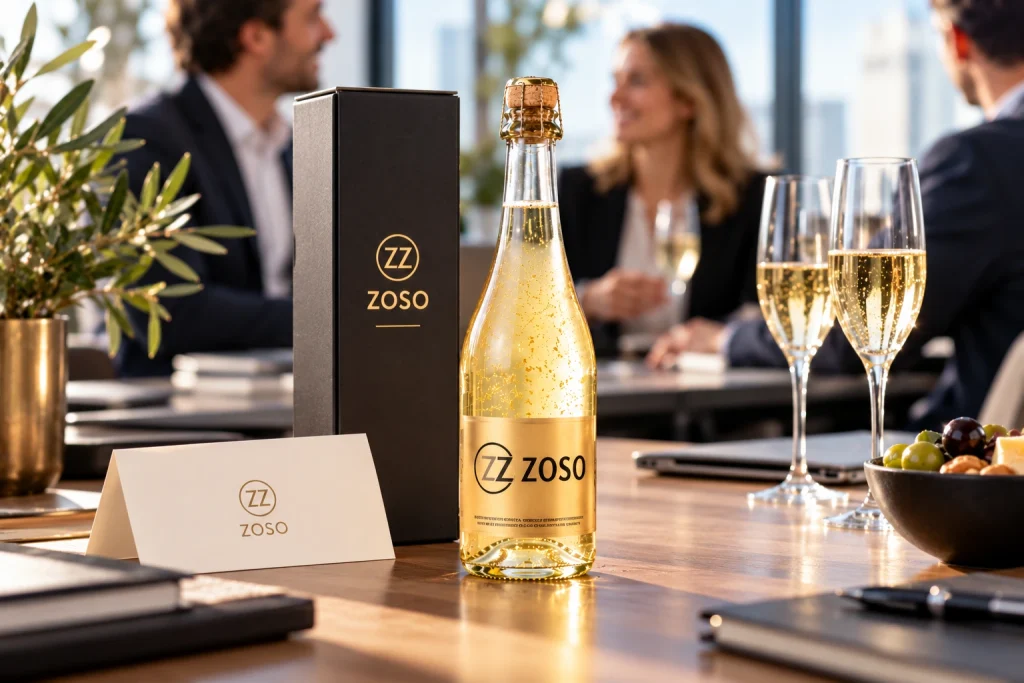 Bouteille de vin avec étiquette personnalisée et coffret cadeau lors d’une rencontre professionnelle